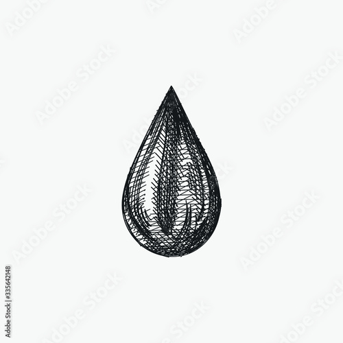 Hand-drawn sketch of black drop of oil. Huge drop of fuel. 
