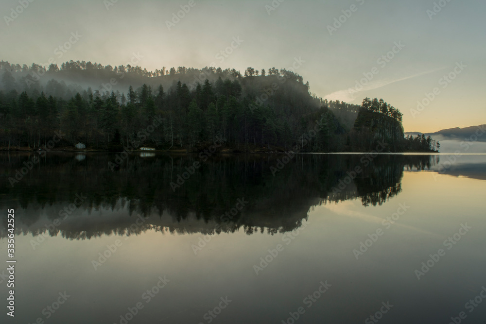Fototapeta premium Woods, mountain, fog and lake 