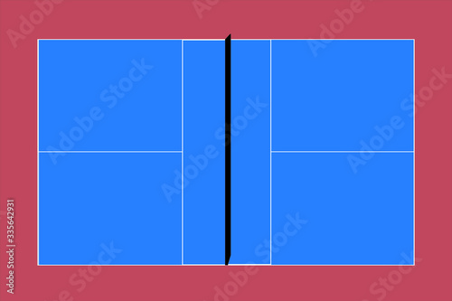 Recreational sport of pickleball court in USA looking at an empty blue vector court and clay background.