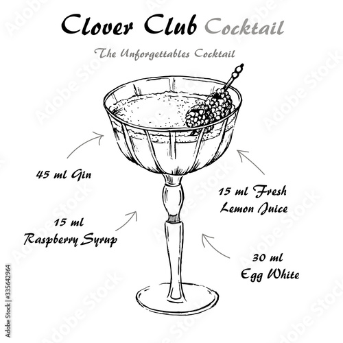 Clover Club cocktail recipe vector with raspberries