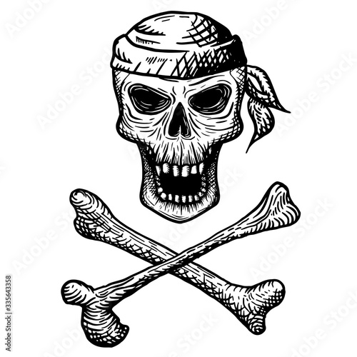Hand drawn skull of a dead man in a bandana, with crossbones, on a white background. Vector illustration (ID: 335643358)