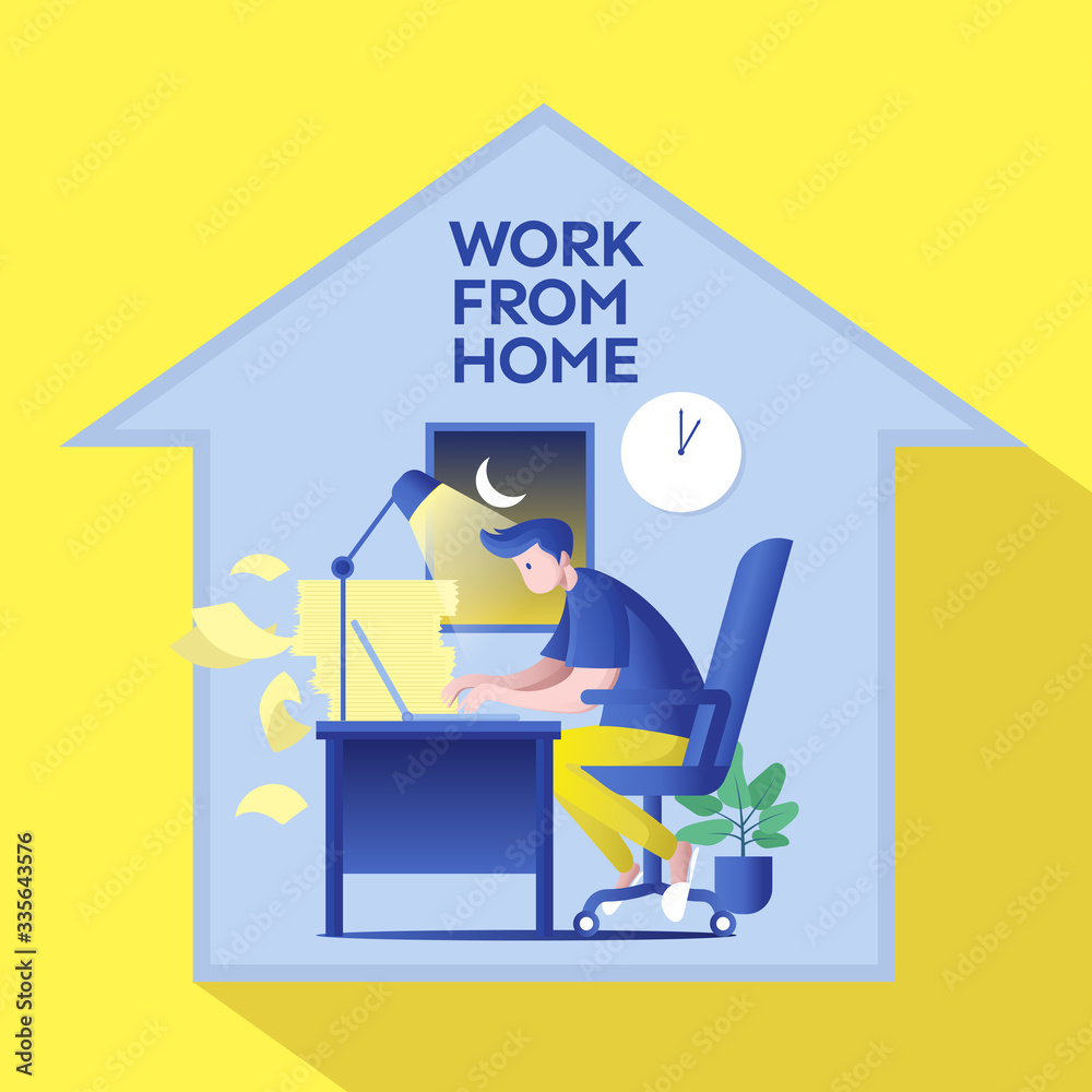 Work From Home Flat Vector Illustration With Blue Yellow Color Theme Work From Home Flat Vector Illustration With Blue Yellow Color Theme
