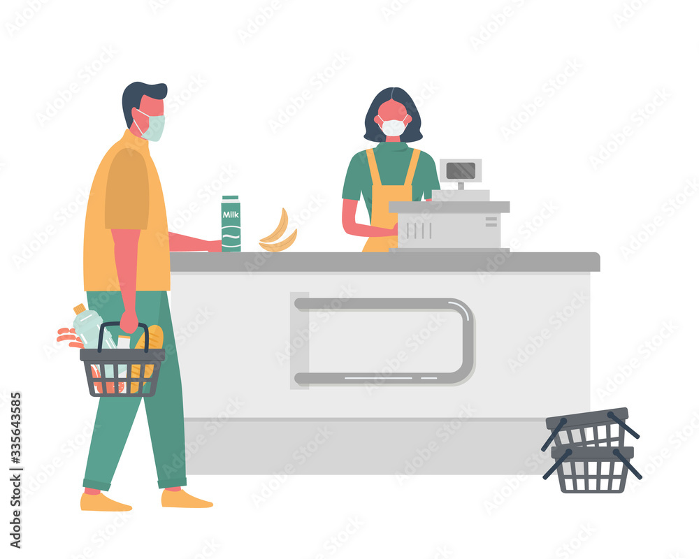 Supermarket cashier web banner during coronovirus epidemic. Young woman in a medical mask stands behind a cash register. Customer is also wearing a protective mask.There is a basket with products here Supermarket cashier web banner during coronovirus epidemic. Young woman in a medical mask stands behind a cash register. Customer is also wearing a protective mask.There is a basket with products here