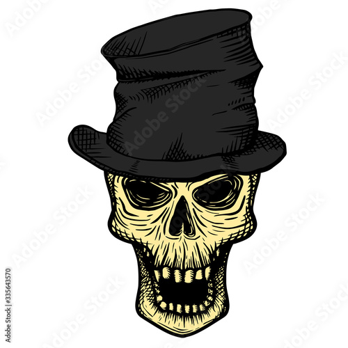 Hand drawn skull of a dead man in a black crumpled top hat, on a white background. Vector illustration (ID: 335643570)
