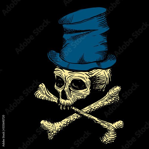 Hand drawn skull of a dead man in a blue crumpled top hat, with crossbones, on a black background. Vector illustration (ID: 335643720)