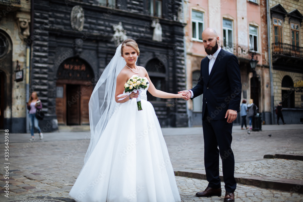 bald bride with beard, beautiful couple, wedding day, summer