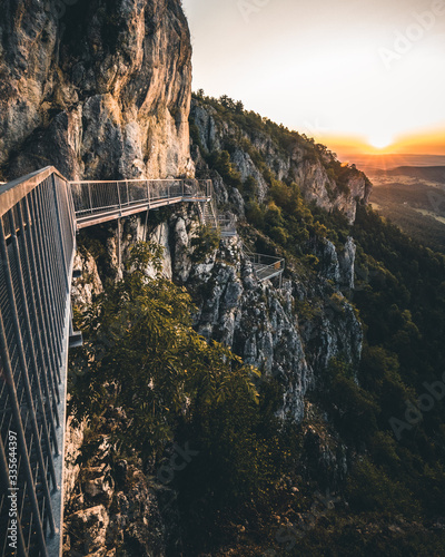 Mountain Peak Skywalk at the Hohe Wand in lower austria during sunset sunrise photo