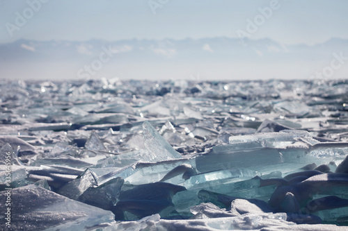 Ice floe near Listvyanka village. Winter landscape. Baikal lake