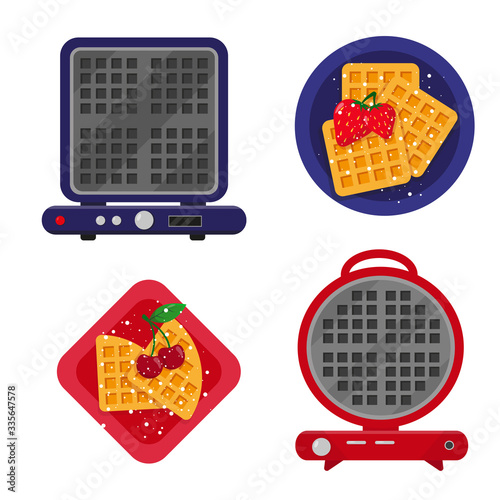 Waffle maker and fried waffles with berries