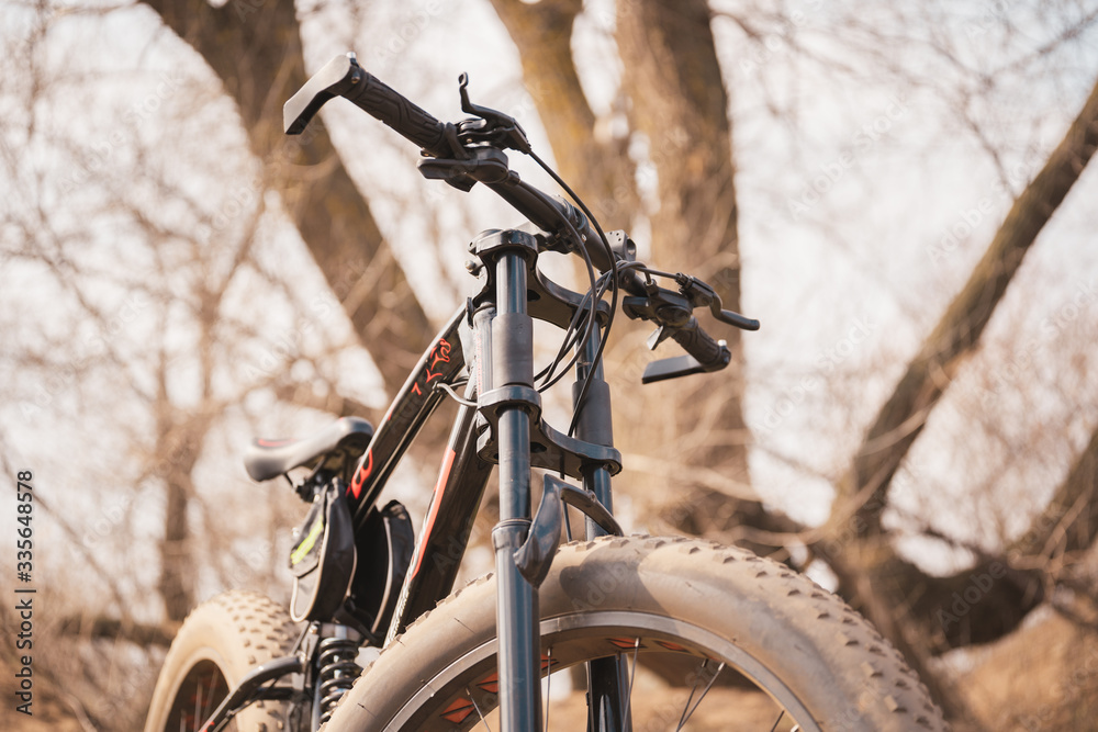 Close-up of bicycle with large wheels in countryside. Mountain bike stands on ground in sunny weather. Close-up of bicycle with large wheels in countryside. Mountain bike stands on ground in sunny weather.
