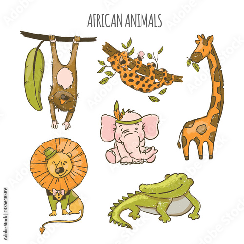 Fototapeta Naklejka Na Ścianę i Meble -  AFRICAN ANIMALS Cute Cartoon Circus Zoo Jungle Tropical Savannah Hand Drawn Vector Illustration for Print Fabric and Congratulating