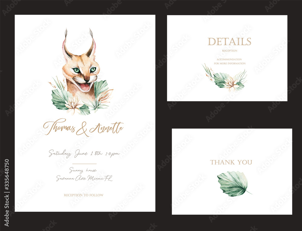 Caracal wild cat wedding invitation set. African savanna serval portrait watercolor animal painting