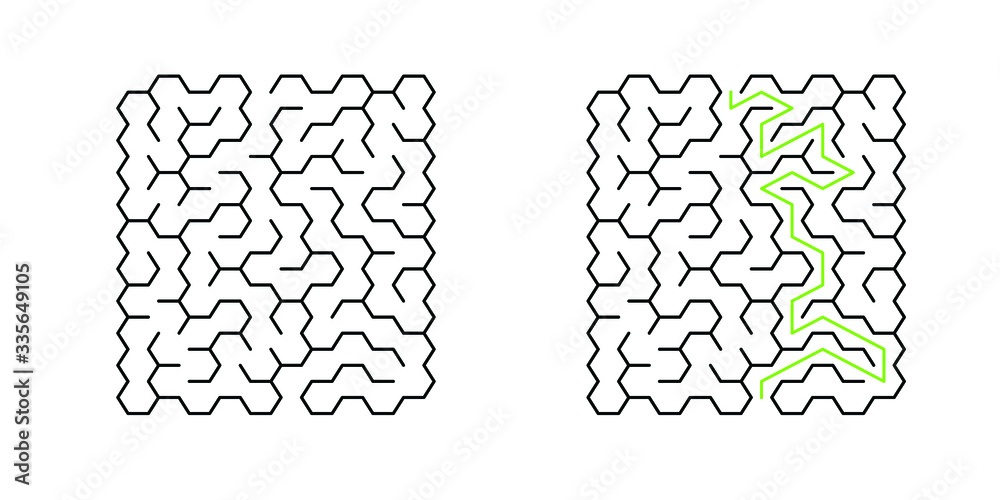 A 10x10 rectangular maze with hex cells and solution