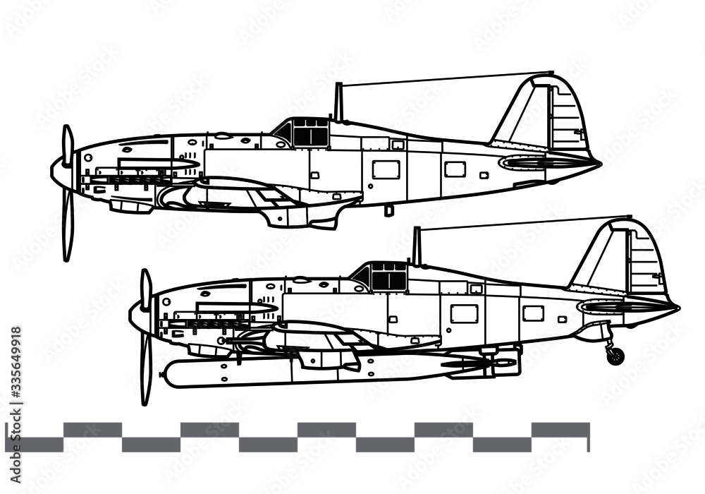 Fiat G.55 Centauro. World War 2 combat aircraft. Side view. Image for illustration and infographics.