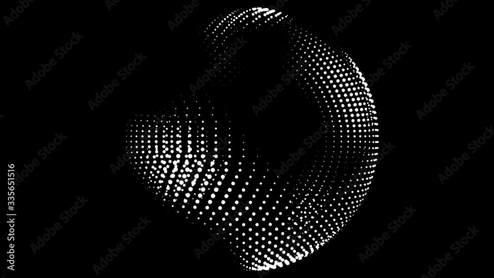 Dynamic composition sphere of white dots at black background. Vintage pattern animation.