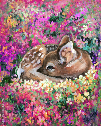 Oil painting of young deer in wild landscape with spring or summer colorful flowers. Baby fawn Fawn lies on a blossoming sunny lawn. Hand drawn picture in impressiomism style.
