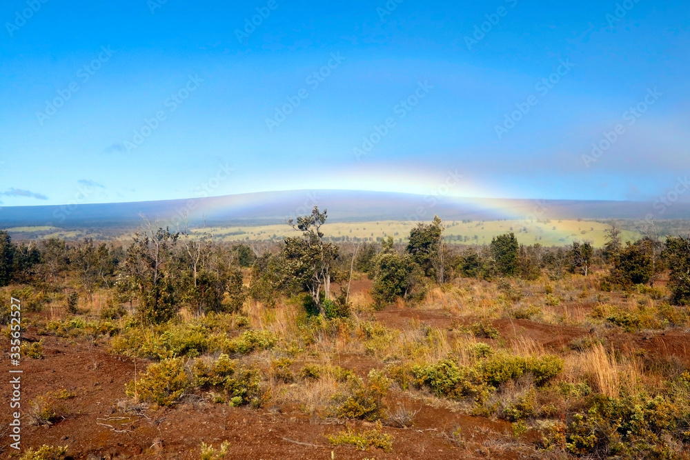 Hawaii Big Island nature background. Scenic landscape with bright blue sky and rainbow over scarce vegetation on lava ground and mountain on the horizon. Hawaii Big Island nature background. Scenic landscape with bright blue sky and rainbow over scarce vegetation on lava ground and mountain on the horizon.