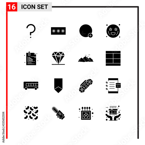 16 Thematic Vector Solid Glyphs and Editable Symbols of attachment, emots, pin, affection, ui photo