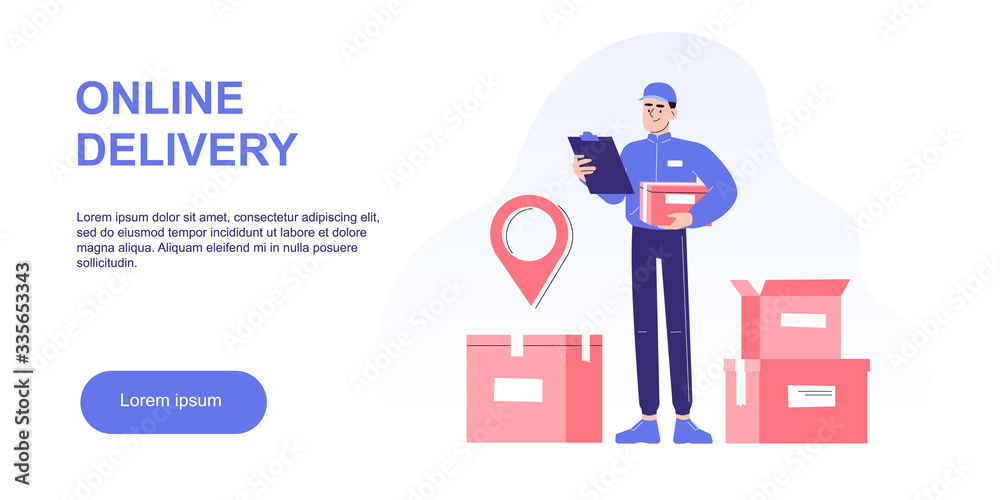 Online delivery and courier service concept. Delivery man standing in front of boxes or packages, holding box in other hand. Logistics. Delivery home and office. Landing page. Vector web illustration