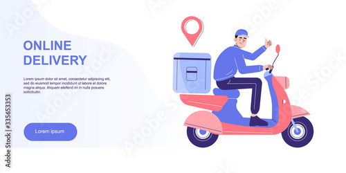 Online delivery and courier service concept. Delivery man riding scooter or moped to deliver packages to destination in time. Logistics. Delivery home and office. Landing page. Vector web illustration