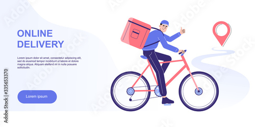 Online delivery and courier service concept. Delivery man riding bicycle to deliver packages to destination in time. Logistics. Delivery home and office. Landing page. Vector web illustration