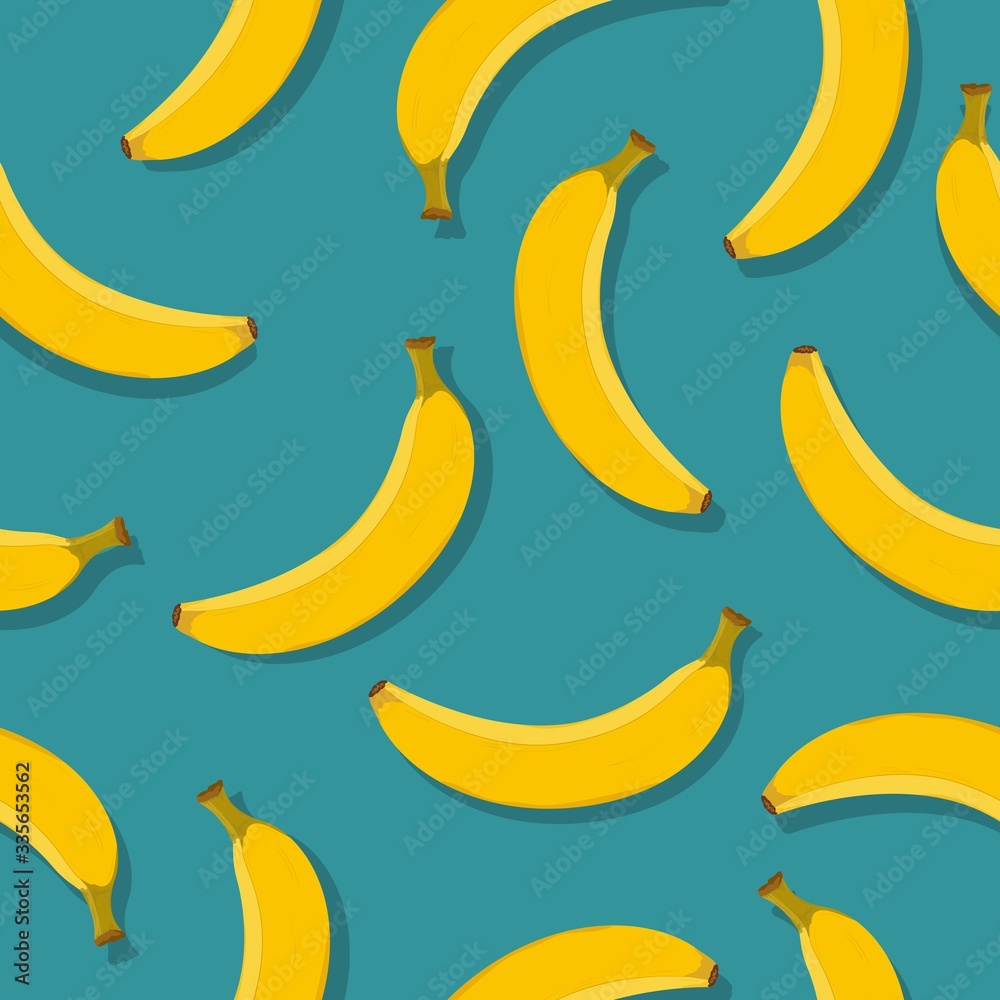 Vector seamless pattern with cartoon yellow banana fruits on turquoise background. Summer tropical pattern for print, textile, season wrapping paper, brochure. Tropic floral template, exotic cover. Vector seamless pattern with cartoon yellow banana fruits on turquoise background. Summer tropical pattern for print, textile, season wrapping paper, brochure. Tropic floral template, exotic cover.