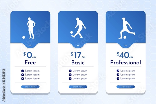 Vector illustration. Minimalistic template with footballer silhouettes at different poses. Difficulty levels. Abstract background. Design game or price table. Futuristic concept. Gradient blue color 