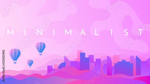 Abstract vector illustration. Minimalist futuristic landscape. City scene. Gradient color design. Flat concept. Website or game template. Purple sunset or sunrise. Colorful sky  with rounded clouds