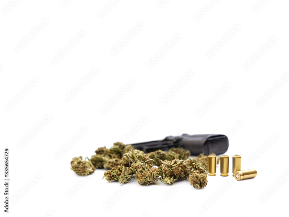 custom made wallpaper toronto digitalBlack gun, cannabis buds, bullets isolated on white background. Gangsta lifestyle shot.