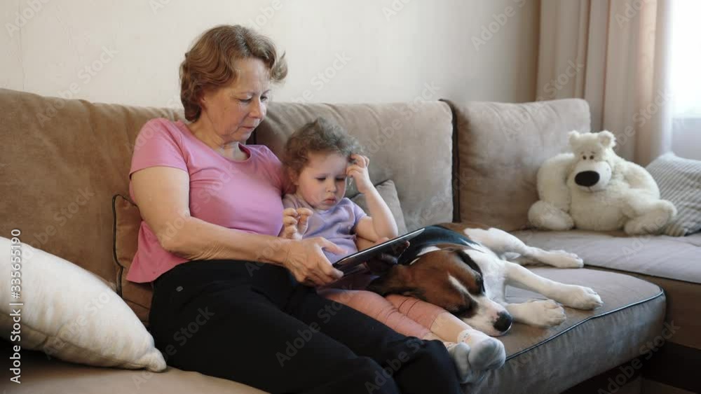 Child with a grandmother with a gadget. Little girl and grandmother use touch screen tablet. Next to them on the couch lay a beagle dog. Child with a grandmother with a gadget. Little girl and grandmother use touch screen tablet. Next to them on the couch lay a beagle dog.