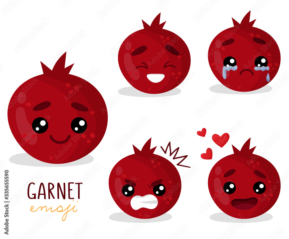 Fototapeta premium Set of emoji garnet with different emotions, smile, laugh, anger, cry, love. An isolated vector illustration with a shadow under each character.