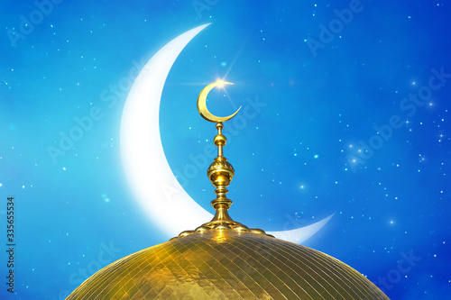 Ramadan Kareem background with dome of the mosque. Islamic Greeting Cards for Muslim Holidays. Blue starry sky background