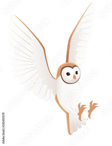 Cute flying barn owl (tyto alba) with white face and brown wings cartoon wild forest bird animal design flat vector illustration isolated on white background