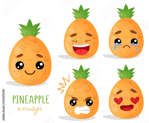 Set of emoji pineapples with different emotions, smile, laugh, anger, cry, love. An isolated vector illustration with a shadow under each character.