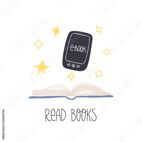 Read books lettering and electronic reader with paper open book and stars. Cute hand drawn flat vector illustration on isolated background.