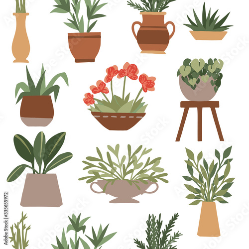 Seamless pattern home decorative and outdoor garden plants in pots set green plants flat vector illustration on white background