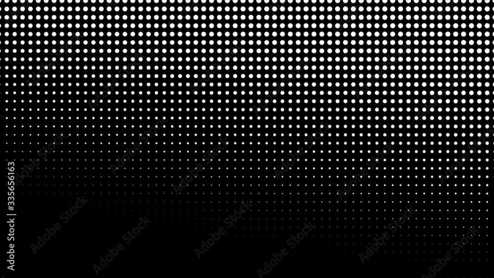 Seamless halftone white dots randomly appear and disappear in motion at black background.