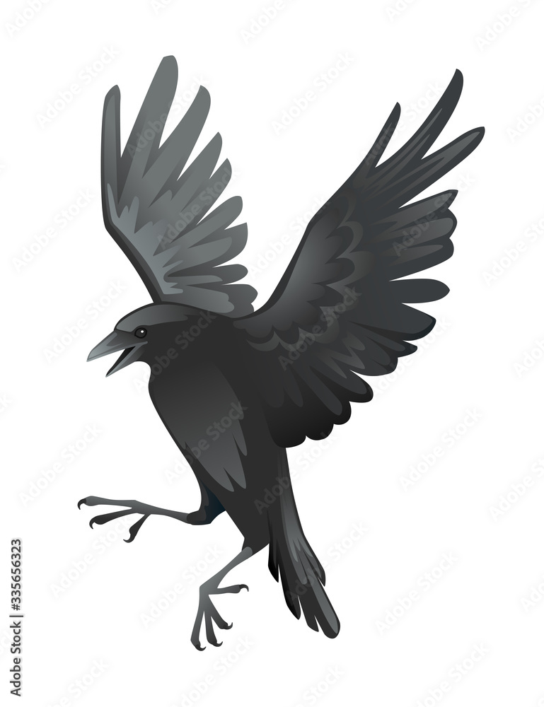 Naklejka premium Black raven bird cartoon crow design flat vector animal illustration isolated on white background