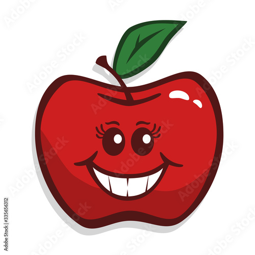 Vector drawing of a cute red apple with a big smile and eye lashes. Can represent healthy eating, dentistry, orthodontics, fruits, a diet, oral hygiene, fruits, vitamins or cooking.