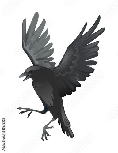 Black raven bird cartoon crow design flat vector animal illustration isolated on white background