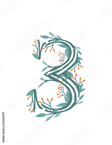 Number 3 style tree branches with leaves and berries botanical flowers floral art design element flat vector illustration