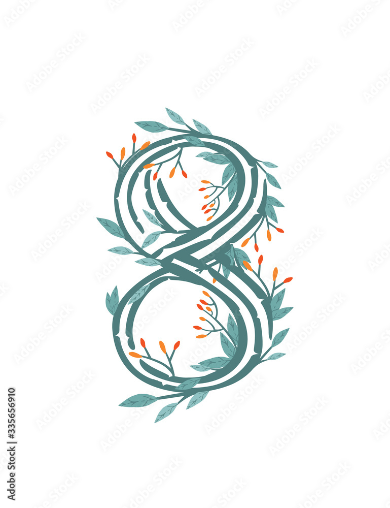 Number 8 style tree branches with leaves and berries botanical flowers floral art design element flat vector illustration Number 8 style tree branches with leaves and berries botanical flowers floral art design element flat vector illustration