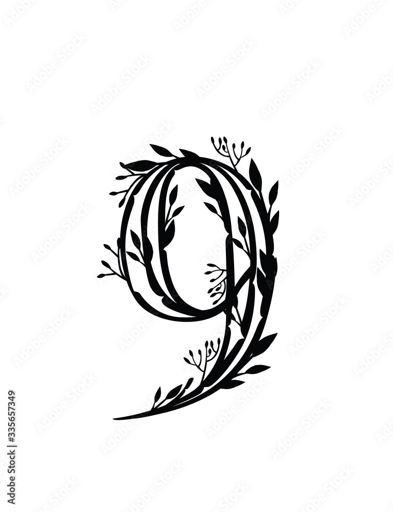 Black silhouette number 9 style tree branches with leaves and berries botanical flowers floral art design element flat vector illustration