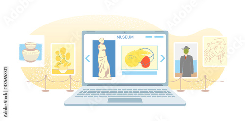 Online art gallery banner. Virtual museum in modern laptop isolated on white background. Online exhibition Tours, Internet technology. Home leisure on mobile devices. Web tourism Vector concept