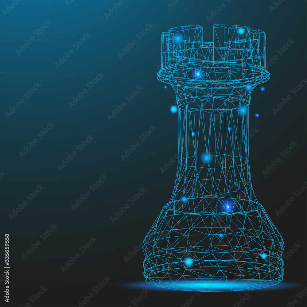 Chess piece rook consisting of points and lines. Low poly wireframe on blue background. Creative minimal concept. Abstract illustration of a starry sky of galaxies. Digital Vector illustration. Chess piece rook consisting of points and lines. Low poly wireframe on blue background. Creative minimal concept. Abstract illustration of a starry sky of galaxies. Digital Vector illustration.