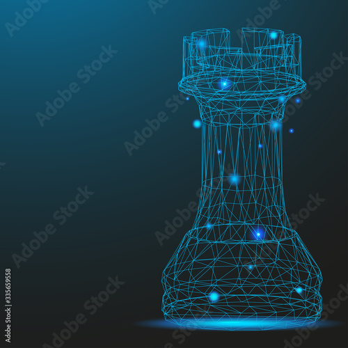 Chess piece rook consisting of points and lines. Low poly wireframe on blue background. Creative minimal concept. Abstract illustration of a starry sky of galaxies. Digital Vector illustration.