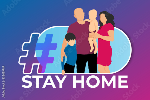 Hashtag with family stay at home and slogan - Stay Home. Modern design for banner, poster, card for awareness social media campaign. Coronavirus quarantine vector symbol on gradient background.