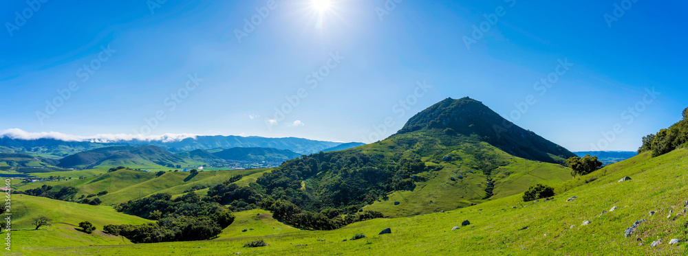 Panoramic View of Mountains, Fields of Grass, Sun 