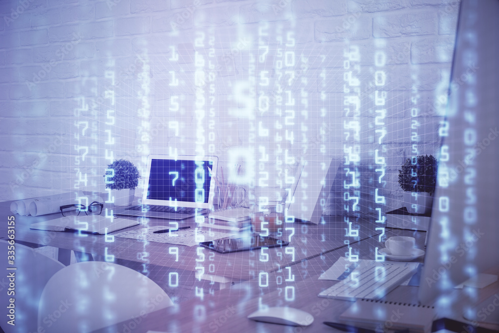 Fototapeta premium Double exposure of data theme drawing and office interior background. Concept of technology.
