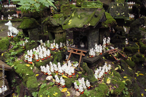 Sacred fox statuettes in an old japanese shinto shrine in Kamakura (Sasuke Inari) photo